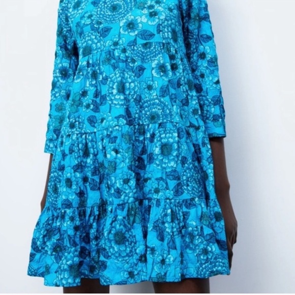 Zara Floral Print Tiered Dress Blue Size Small - Picture 8 of 16